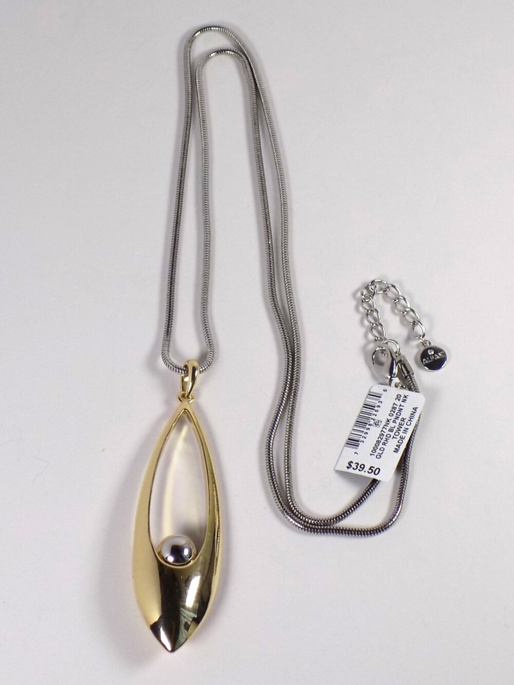 Alfani Long Pendant Necklace Two Tone Silver and Gold Snake Chain 31" +1.75"